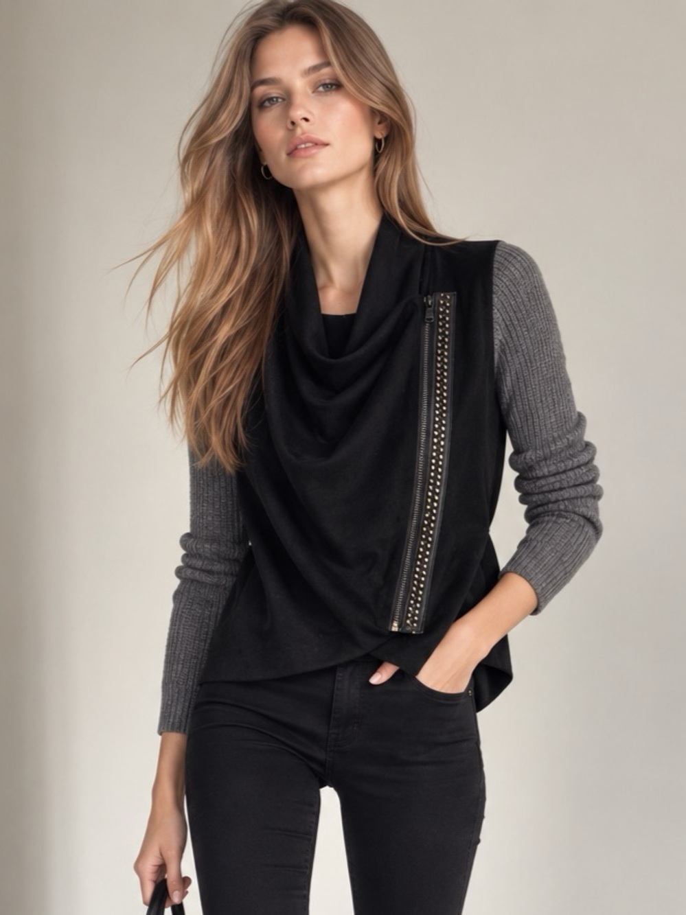 Ipekyol Black & Gray Asymmetrical Chain Zip Moto Cardigan Jacket Size US 4